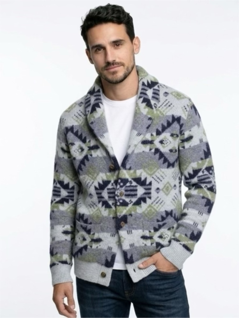LUCKY BRAND  LARGE AZTEC Shawl Collar Geometric Cardigan - Gray, Olive, Navy NEW